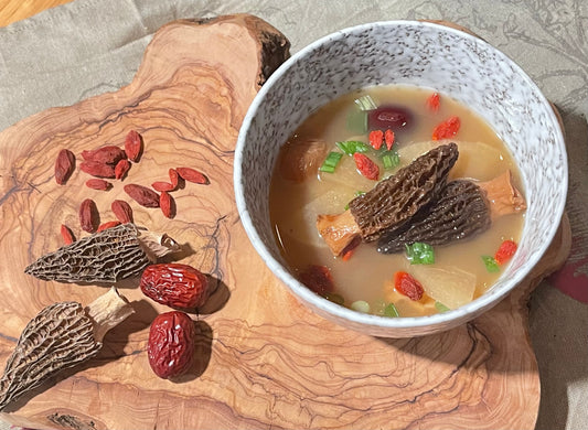 Morel Mushroom Daikon Chicken Broth with Ginger, Dates and Gogi Berry.羊肚菌蘿蔔燉雞湯